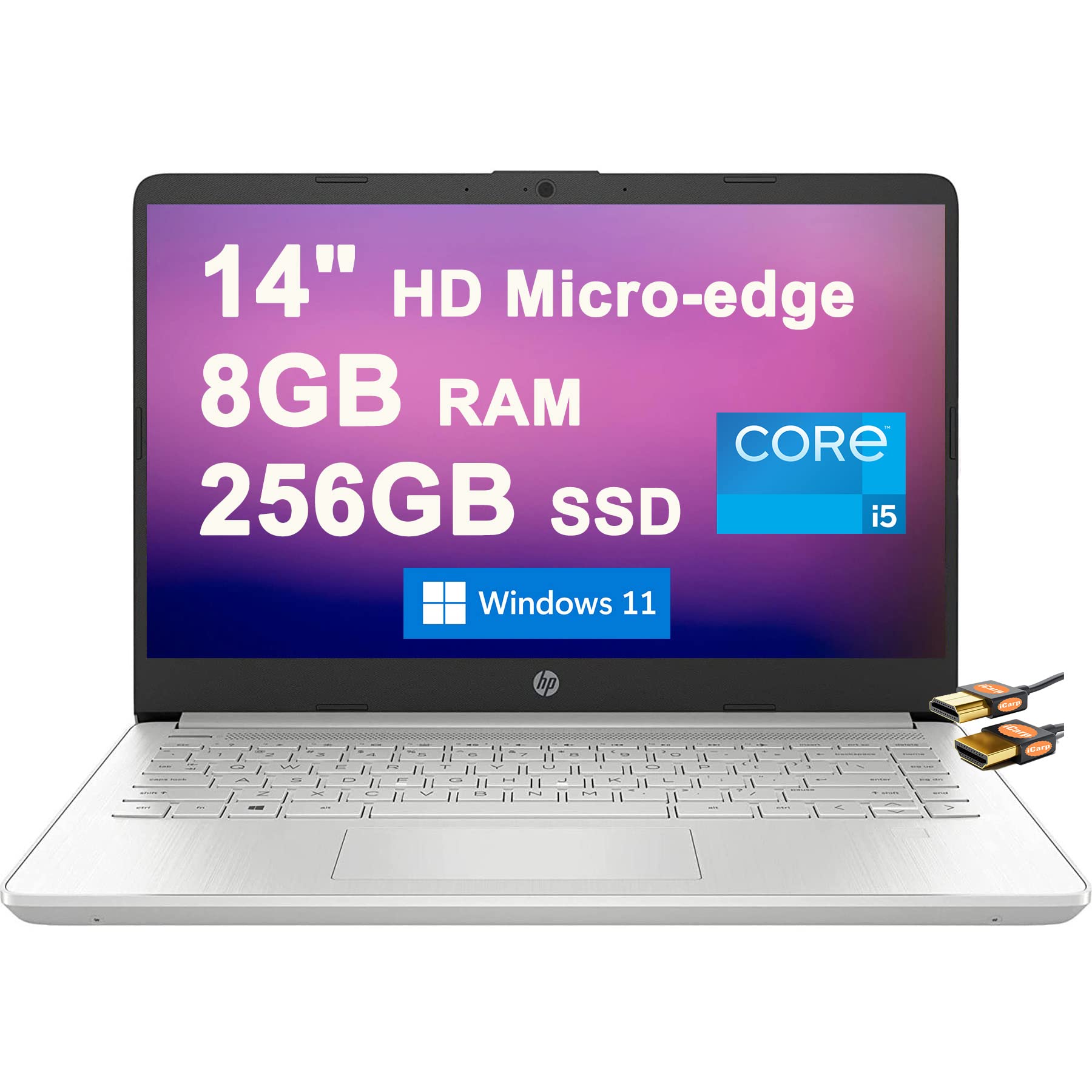 HP Laptop 14 Business Computer 14" HD Micro-edge BrightView 11th Generation Intel Quad-core i5-1135G7 (Beats i7-1065G7) 8GB RAM 256GB SSD Iris Xe Graphic USB-C Win11 Silver + HDMI Cable