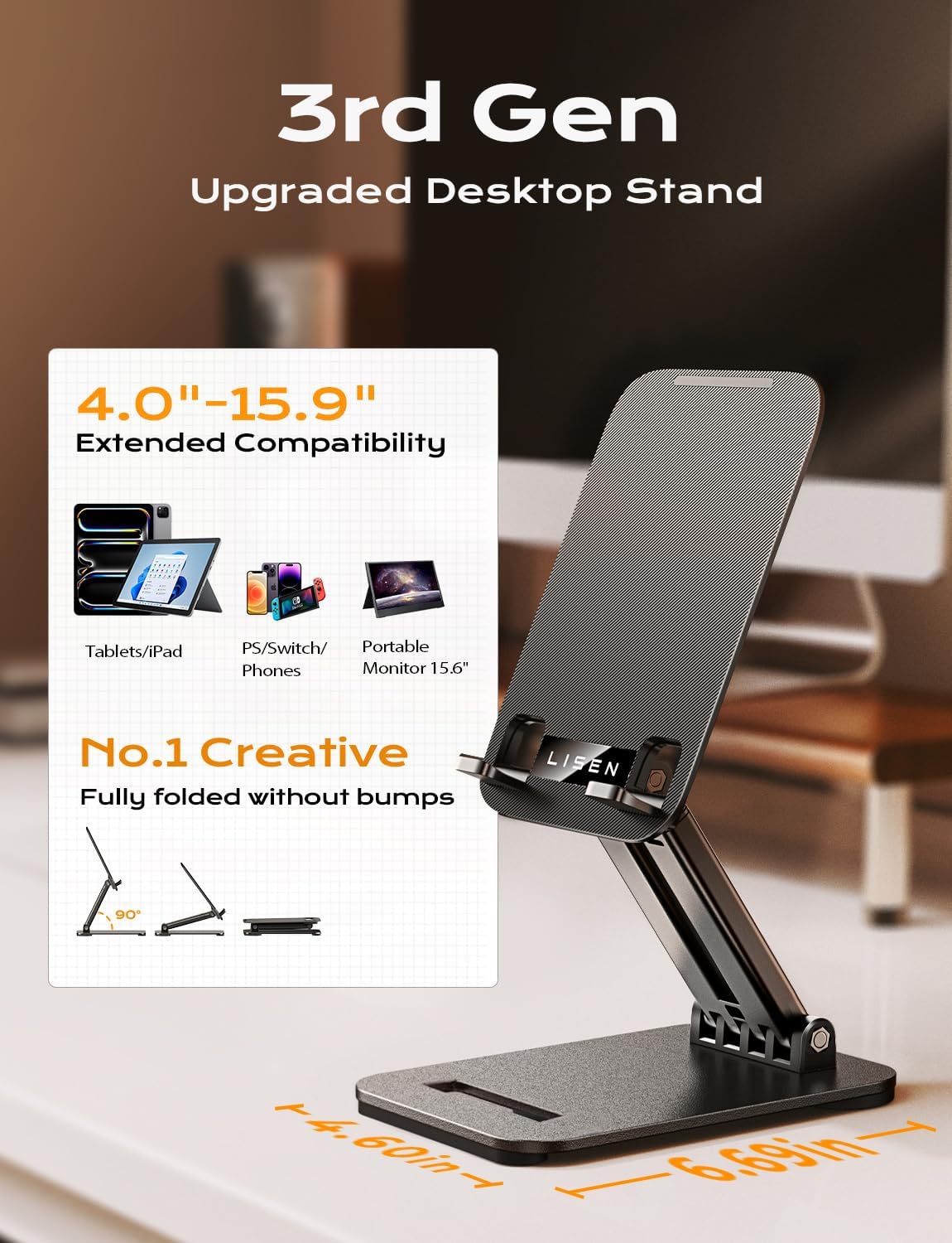 LISEN Tablet Stand for iPad Stand Holder Desk, Foldable iPad Pro Holder Portable Monitor Stand Travel Accessories, Office Desk Accessories for Kitchen 2024 iPad Mini 7 Kindle iPhone 4-15.9" Black