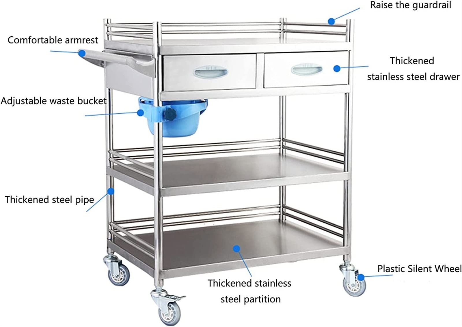 Laboratory Trolley, Thick Stainless Steel Multi-Layer Tool Storage Rack Cart with Drawers and Universal Wheels, Catering Service Cart, Suitable for Clinic Dentistry, Hotel Restaurant ( Size : 2-Layer