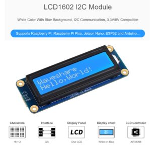 Waveshare 1602 LCD I2C Display Module, White Color with Blue Background 16x2 Characters LCD für Raspberry Pi/Raspberry Pi Pico/Jetson Nano/ESP32/Arduino, 3.3V/5V Compatible