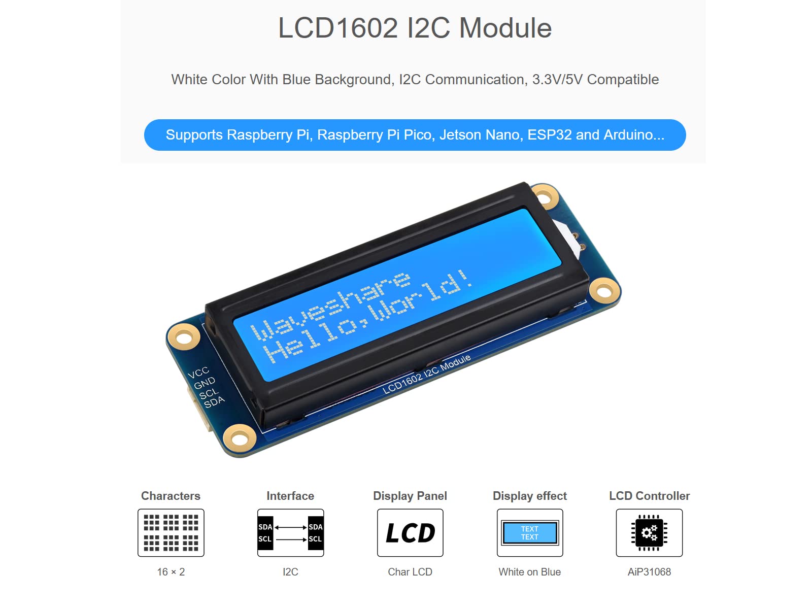 Waveshare 1602 LCD I2C Display Module, White Color with Blue Background 16x2 Characters LCD für Raspberry Pi/Raspberry Pi Pico/Jetson Nano/ESP32/Arduino, 3.3V/5V Compatible