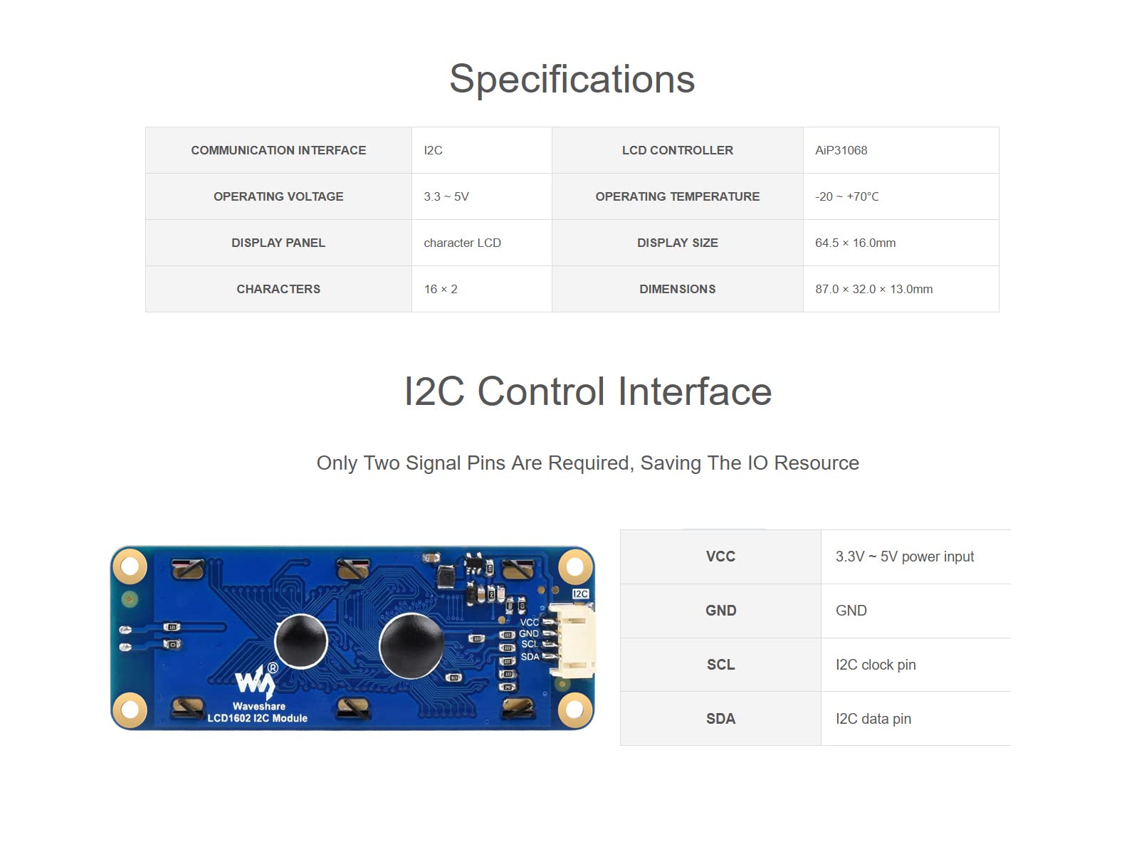 Waveshare 1602 LCD I2C Display Module, White Color with Blue Background 16x2 Characters LCD für Raspberry Pi/Raspberry Pi Pico/Jetson Nano/ESP32/Arduino, 3.3V/5V Compatible