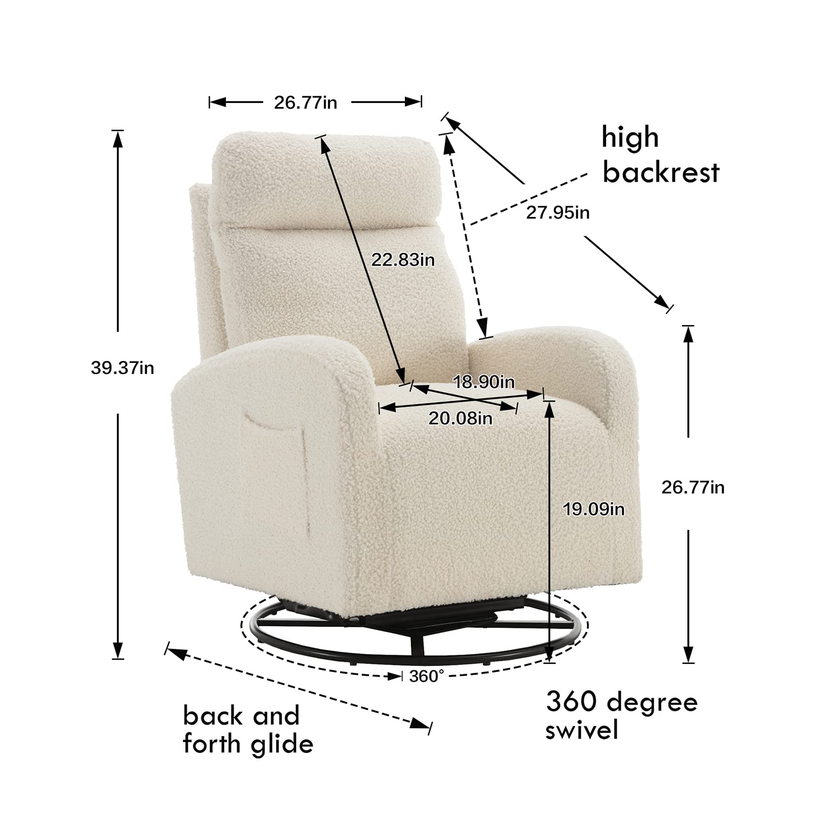 LUCKHAO Swivel Rocking Chair，Nursery Swivel Glide Armchair Teddy Fabric Upholstered Modern Rocking Chairs with High Backrest for Nursery, Bedroom, Living Room（White Teddy