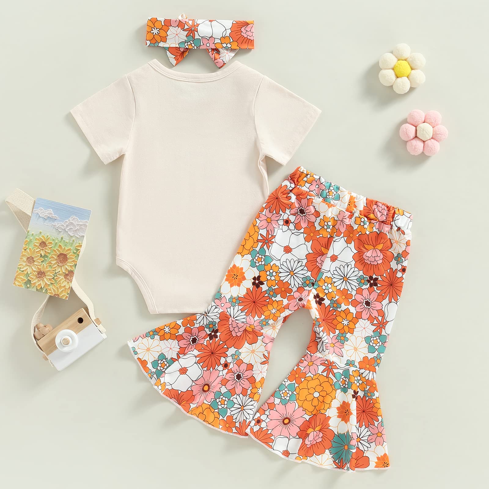 Lamuusaa Toddler Baby Girl Birthday Outfit Groovy One/Two Groovy Romper Shirts Flower Bell Bottoms Headband Boho Clothes