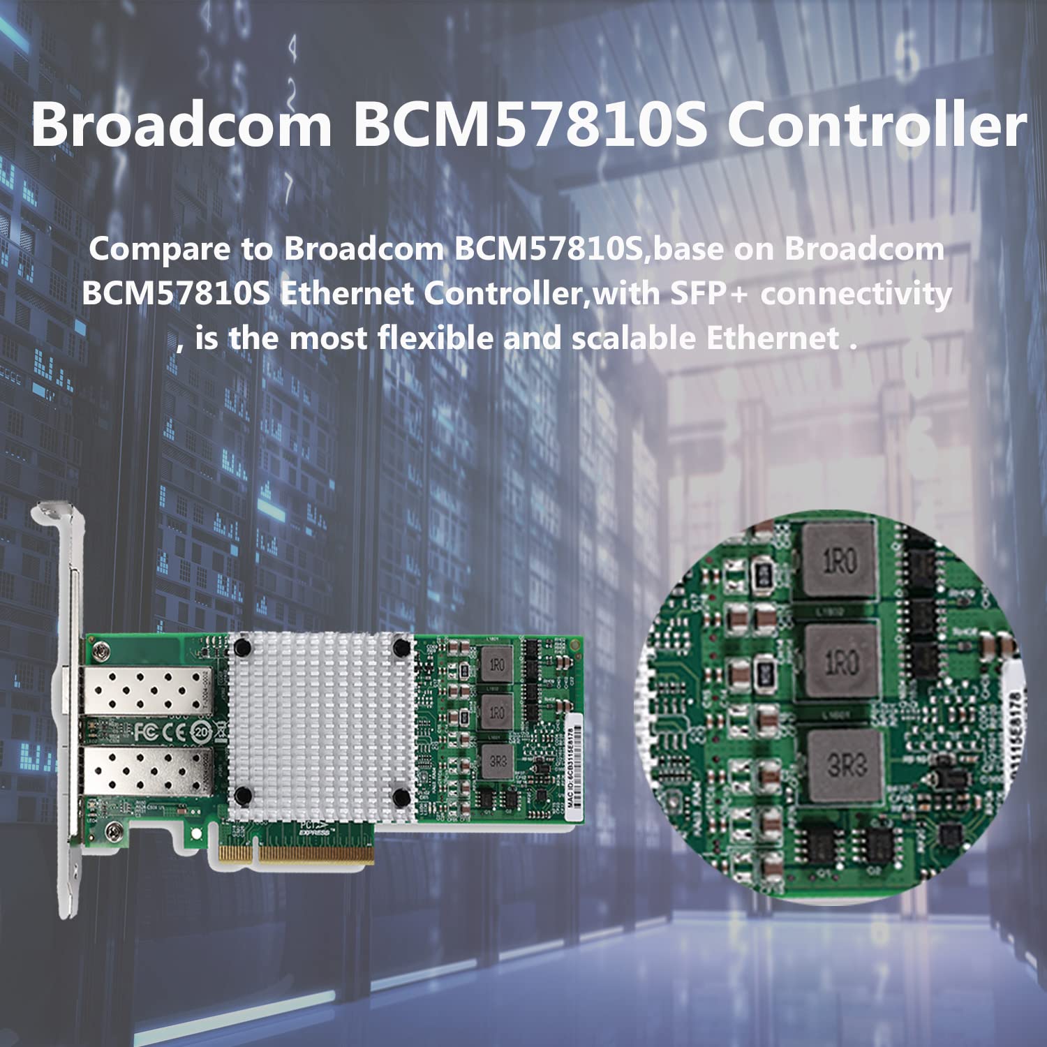 10Gb SFP+ PCI-E Ethernet Network Card with Broadcom BCM57810S Chip, Dual SFP+ Port, PCI Express X8 NIC, Support Windows Server/Linux/VMware