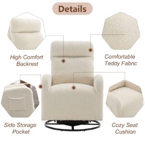 LUCKHAO Swivel Rocking Chair，Nursery Swivel Glide Armchair Teddy Fabric Upholstered Modern Rocking Chairs with High Backrest for Nursery, Bedroom, Living Room（White Teddy