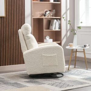 LUCKHAO Swivel Rocking Chair，Nursery Swivel Glide Armchair Teddy Fabric Upholstered Modern Rocking Chairs with High Backrest for Nursery, Bedroom, Living Room（White Teddy