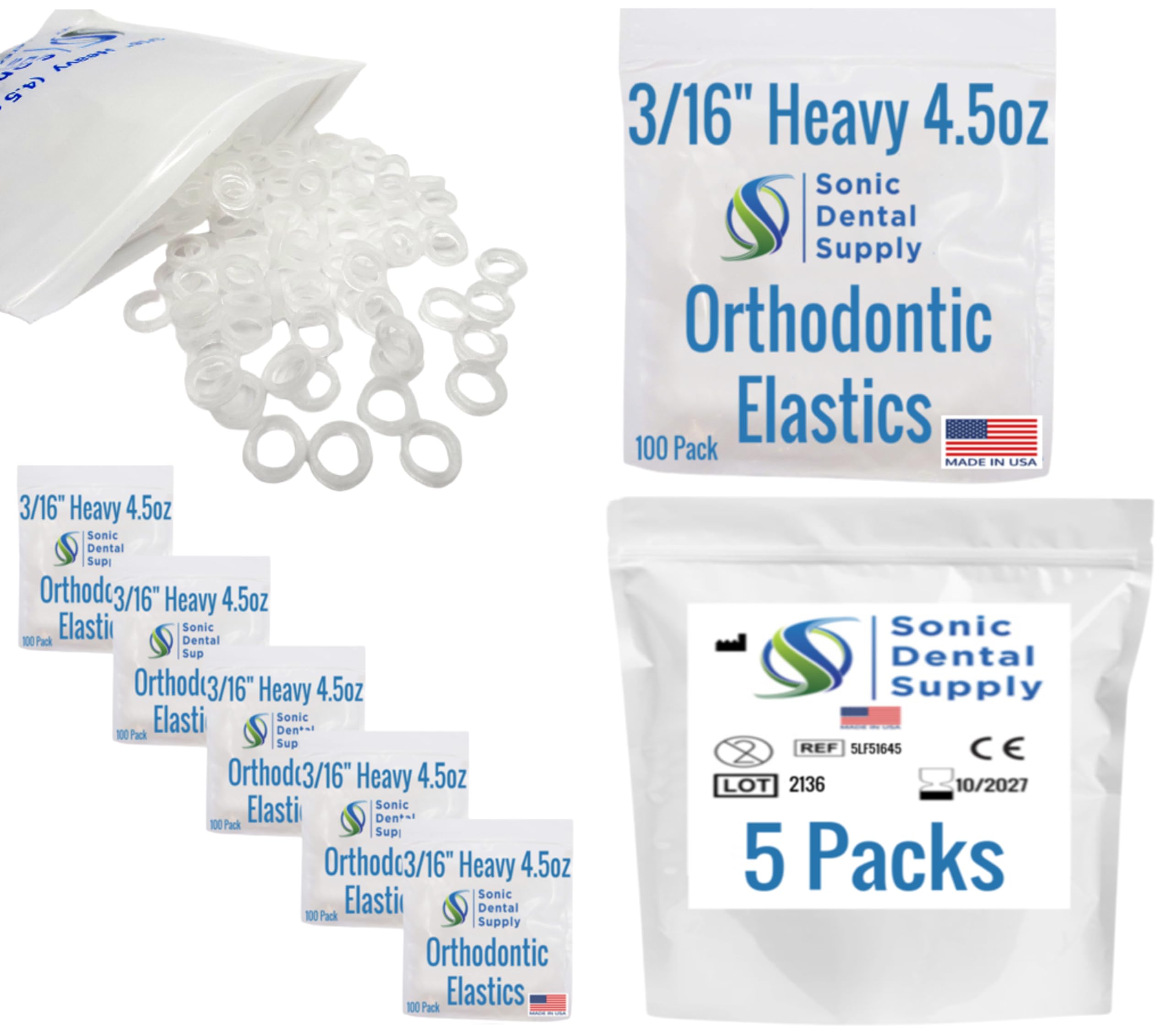 3/16 Inch Orthodontic Elastic Rubber Bands - 500 Pack - Clear Latex Free, Heavy 4.5 Ounce Small Rubberbands, Braces, Dreadlocks Hair Braids, Tooth Gap, Packaging, Crafts - Sonic Dental - Made in USA