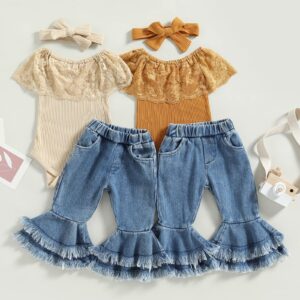 LIOMENGZI Newborn Baby Girl Flare Outfits Clothes Summer Jumpsuit Set, Short Sleeve Patchwork Romper Flare Pants Bow Headband