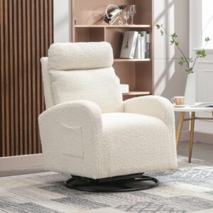 luckhao swivel rocking chair，nursery swivel glide armchair teddy fabric upholstered modern rocking chairs with high backrest for nursery, bedroom, living room（white teddy