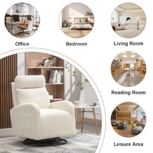 LUCKHAO Swivel Rocking Chair，Nursery Swivel Glide Armchair Teddy Fabric Upholstered Modern Rocking Chairs with High Backrest for Nursery, Bedroom, Living Room（White Teddy