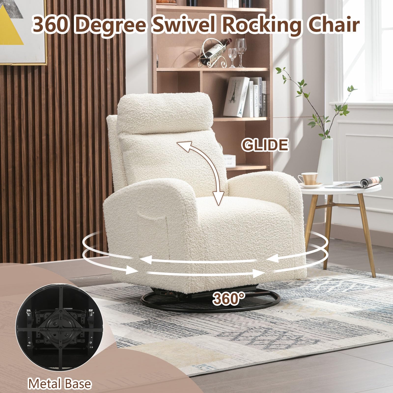 LUCKHAO Swivel Rocking Chair，Nursery Swivel Glide Armchair Teddy Fabric Upholstered Modern Rocking Chairs with High Backrest for Nursery, Bedroom, Living Room（White Teddy