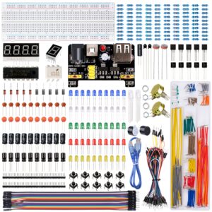 miuzei electronics component fun kit with supply module, jumper wire, 830 tie-points breadboard, precision potentiometer, resistor, led, compatible with arduino, raspberry pi, stm32