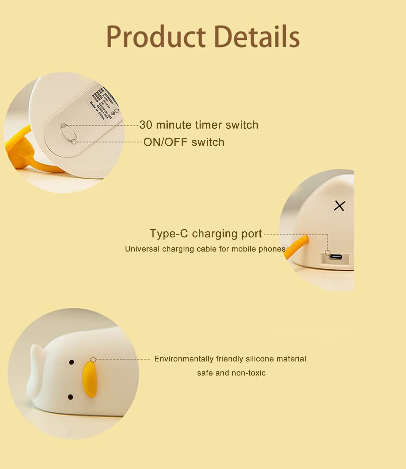 Zendure LED Lying Flat Duck Night Light, Cute Light Up Duck, Silicone Dimmable Nightlight, Rechargeable Bedside Touch Lamp for Breastfeeding Toddler Baby Kids Room Decor Gift