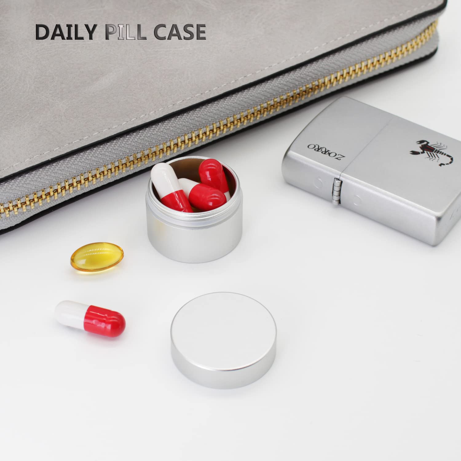 Portable Daily Pill Case, Heavy Duty Aluminium Alloy Round Pill Box, Waterproof Travel Pill Organizer, Pocket Purse Medicine Vitamin Holder EDC Container for Outdoor Camping Working