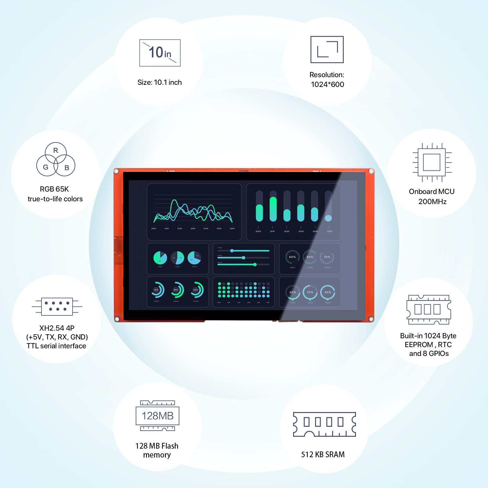 Nextion 10.1″ Intelligent Series HMI Display NX1060P101-011C-I Capacitive LCD-TFT Touch Screen 1024 * 600, Widely Used in Vehicle HMI, 3D Printer, Support Video Audio Animation Play Functions.