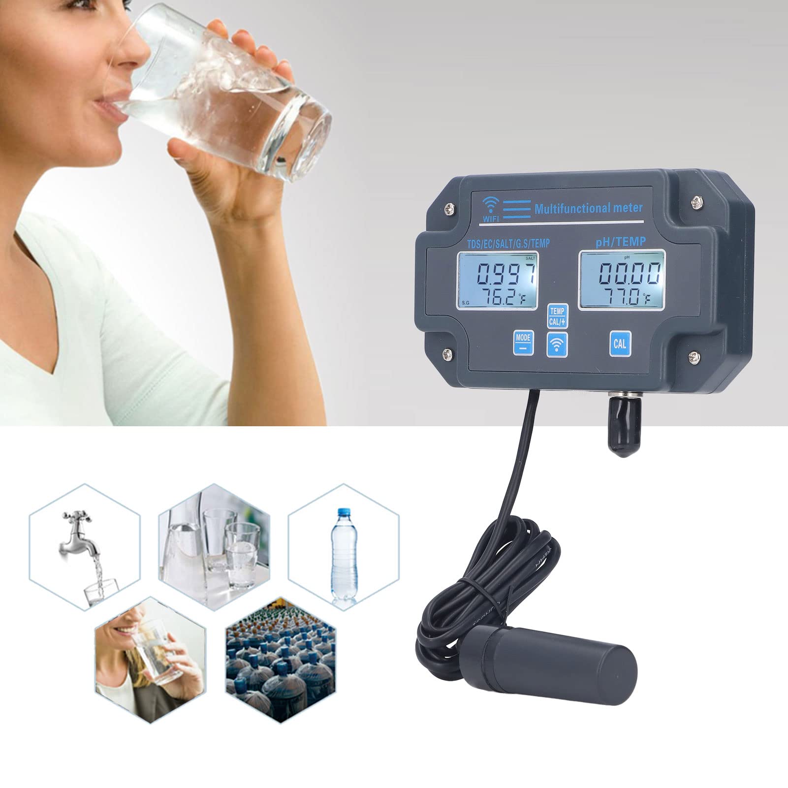 PHW3988 Multiparameter Water Quality Tester, Water Quality Detector APP Remote Control EC Salt S.G Temperature Meter Online Monitor