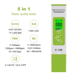 Digital Tester 5 in 1 TDS/EC/Salt/S.G./Temperature Meter Digital Water Quality Monitor Tester for Pools, Drinking Water, Aquariums