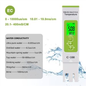 Digital Tester 5 in 1 TDS/EC/Salt/S.G./Temperature Meter Digital Water Quality Monitor Tester for Pools, Drinking Water, Aquariums