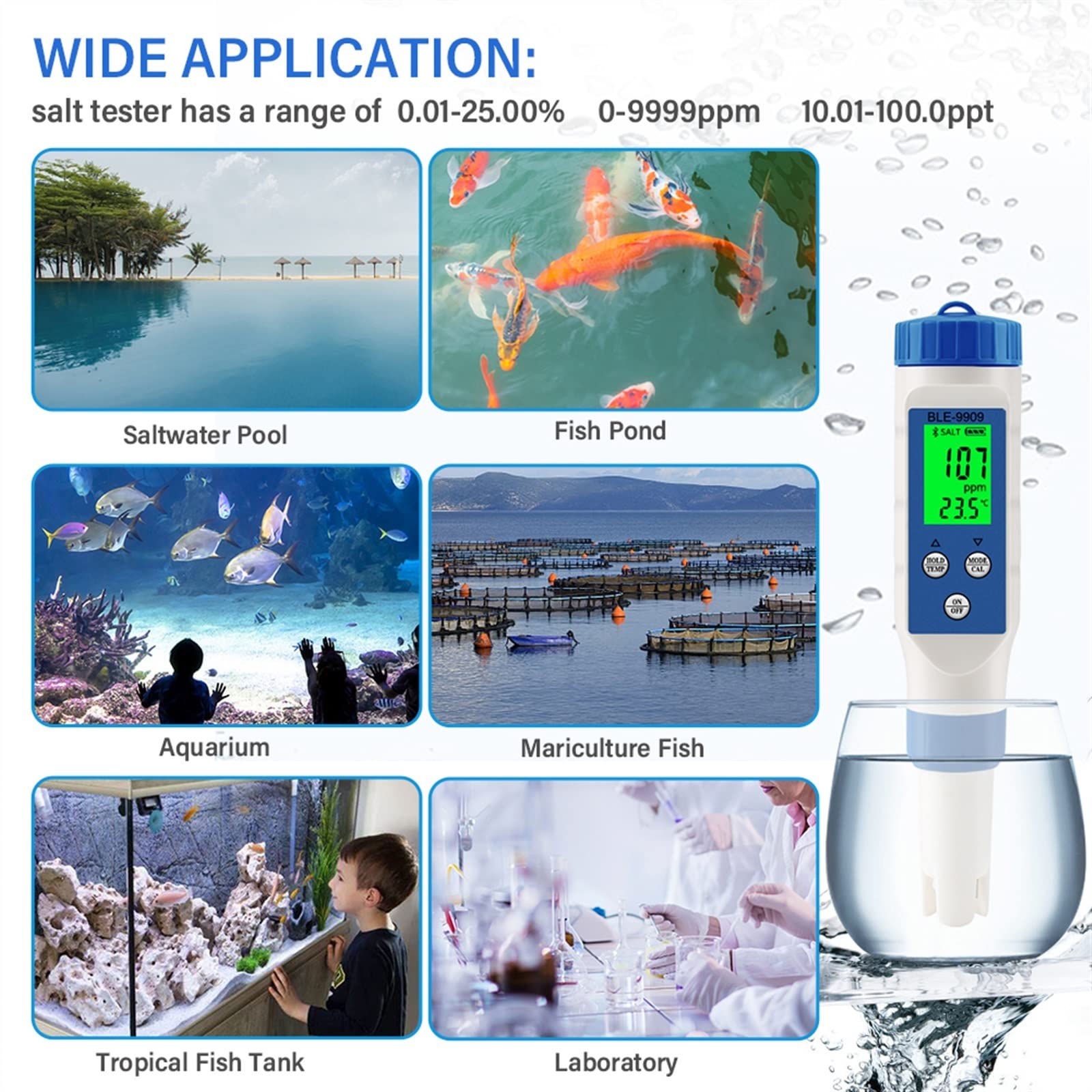 Digital Tester Digital Smart Bluetooth Seawater Salinity Meter Salt Tester Monitor for Aquariums Pool Fish Tank Seafood Aquaculture 0.1-200ppt