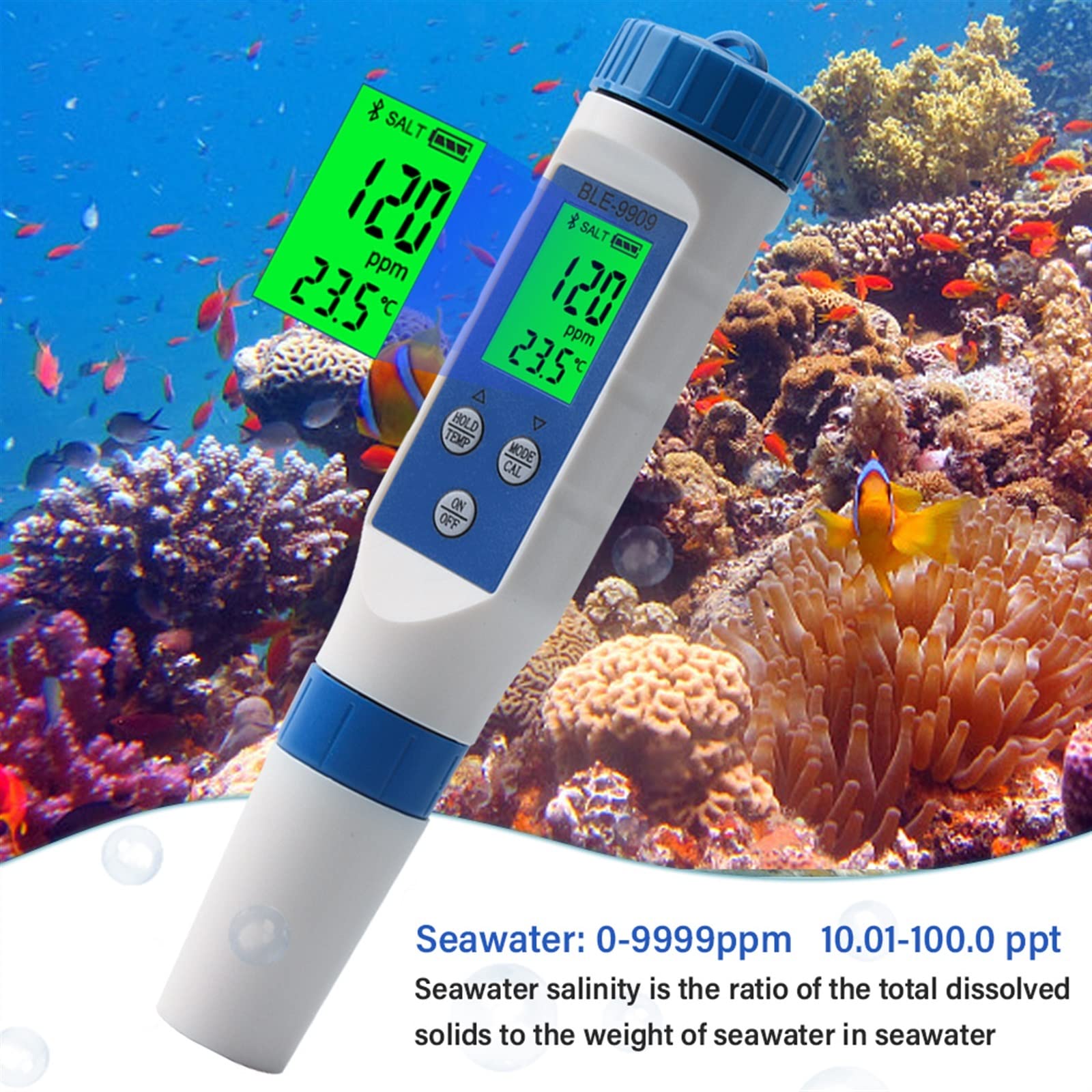 Digital Tester Digital Smart Bluetooth Seawater Salinity Meter Salt Tester Monitor for Aquariums Pool Fish Tank Seafood Aquaculture 0.1-200ppt