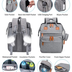 KABAQOO Diaper Bag Backpack, Large Baby Diaper Bags for Boys Girls, Baby Bag with USB Charging Port, Multifunction Waterproof Travel Back Pack for Moms Dads, Grey