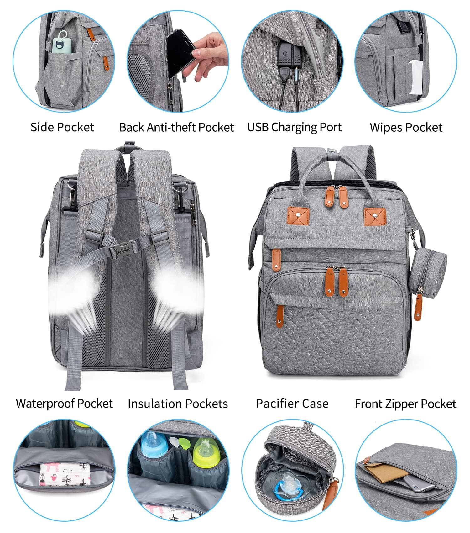 KABAQOO Diaper Bag Backpack, Large Baby Diaper Bags for Boys Girls, Baby Bag with USB Charging Port, Multifunction Waterproof Travel Back Pack for Moms Dads, Grey