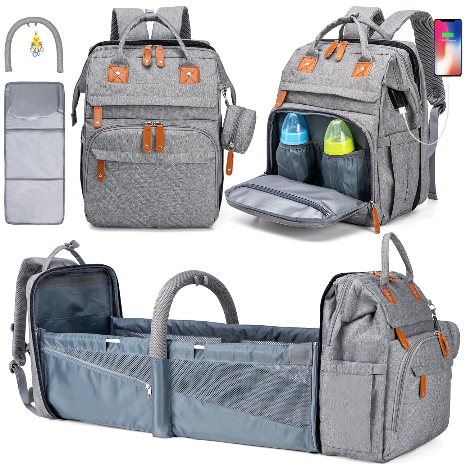 KABAQOO Diaper Bag Backpack, Large Baby Diaper Bags for Boys Girls, Baby Bag with USB Charging Port, Multifunction Waterproof Travel Back Pack for Moms Dads, Grey