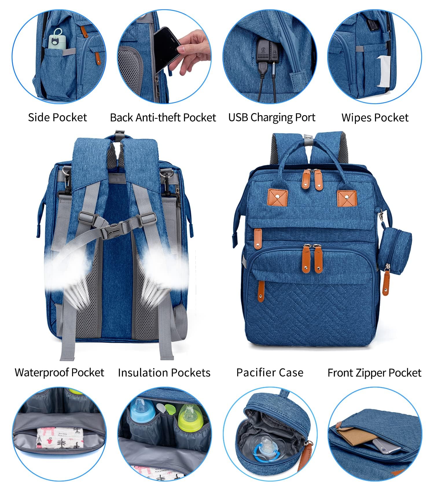 KABAQOO Diaper Bag Backpack, Large Baby Diaper Bags for Boys Girls, Baby Bag with USB Charging Port, Multifunction Waterproof Travel Back Pack for Moms Dads, Blue