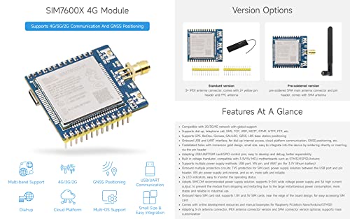 Waveshare SIM7600G-H 4G Communication Module, Compatible with Raspberry Pi 5/4B/3B/Zero/Zero W/Zero 2W/Pico/Pico W/Pico WH, Multi-Band Support, 4G/3G/2G, with GNSS Positioning-Standard Version