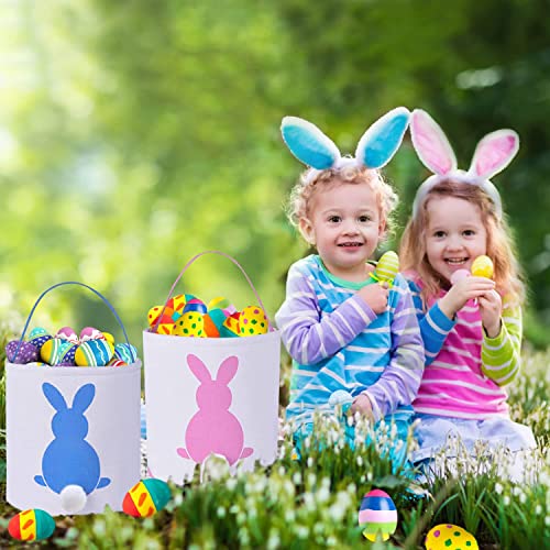 Easter Bunny Basket Bags for Kids, Canvas Cotton Rabbit Easter Egg Hunt Basket for Carrying Gifts, Fluffy Tails Printed Rabbit Canvas Toys Bucket Tote