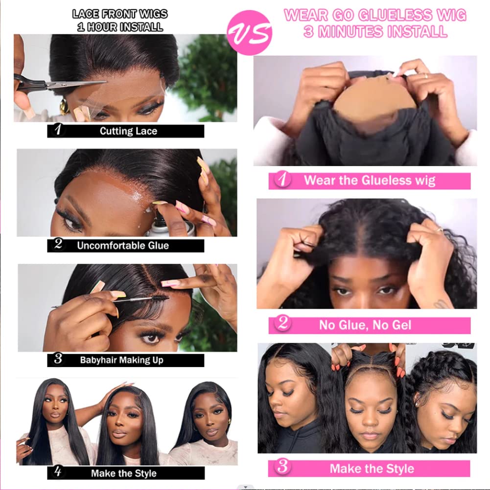 26 Inch Bye Bye Knots Wear and Go Glueless Wigs Human Hair Deep Wave HD 7X5 for Real No Glue Lace Wig, 3D Dome Cap Glueless Wig Pre Plucked, Pre Cut Glueless Wig Natural black 200% Density