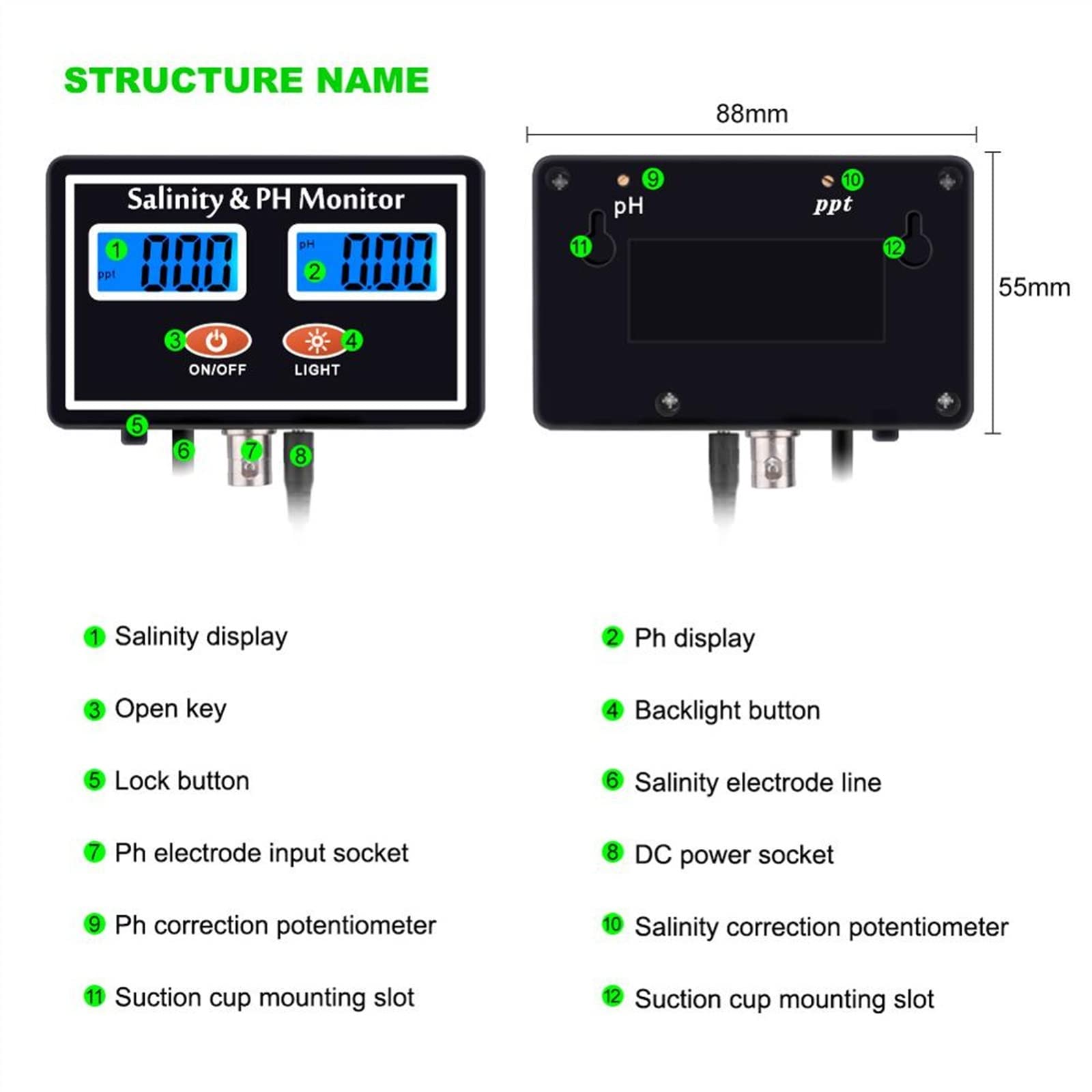 Digital Tester PH Salinity Monitor 2 in 1 Aquarium Water Quality Meter Seawater Salt Tester for Pool Spa Fish Pond Aquaculture