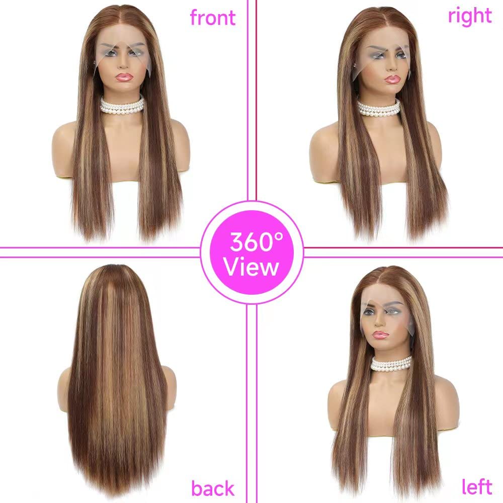 Highlight Ombre Lace Front Wig Human Hair 13x4 HD Transparent 4/27 Honey Blonde Lace Frontal Wigs Pre Plucked with Baby Hair 180% Density Straight Lace Front wigs Human Hair Colored 22 Inch