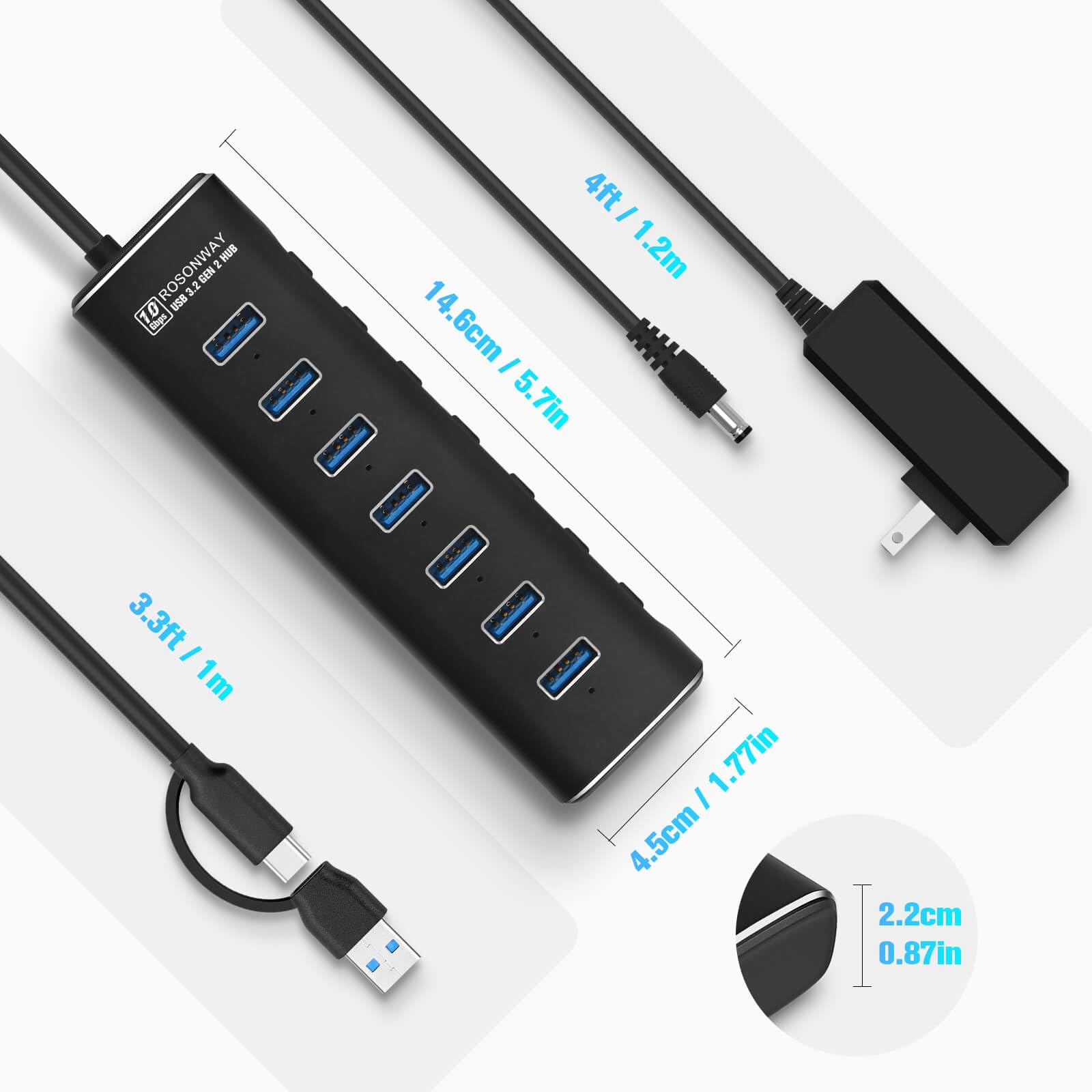 Powered USB Hub, Rosonway 7 Ports USB 3.1/3.2 Gen 2 Hub 10Gbps with 3.3ft USB-A/USB-C Data Cable, Individual Switches and 24W Power Adapter, Aluminum USB C Hub for Laptop and PC, RSH-A107