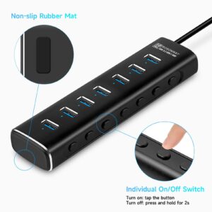 Powered USB Hub, Rosonway 7 Ports USB 3.1/3.2 Gen 2 Hub 10Gbps with 3.3ft USB-A/USB-C Data Cable, Individual Switches and 24W Power Adapter, Aluminum USB C Hub for Laptop and PC, RSH-A107