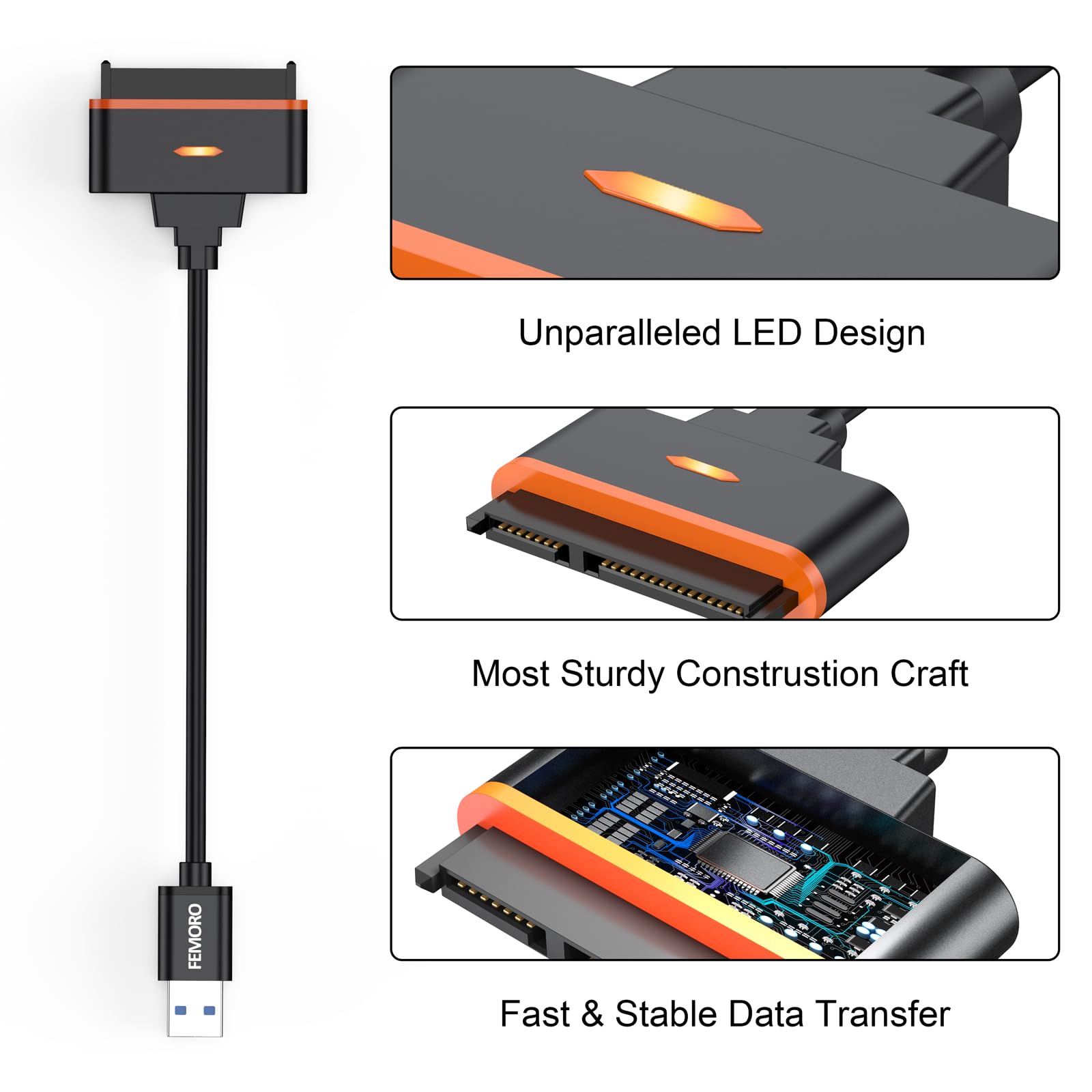 FEMORO SATA to USB 3.0 Adapter, SATA III 5Gbps Data Transfer Converter Cable, UASP Support for 2.5 Inch SSD Solid State Drives