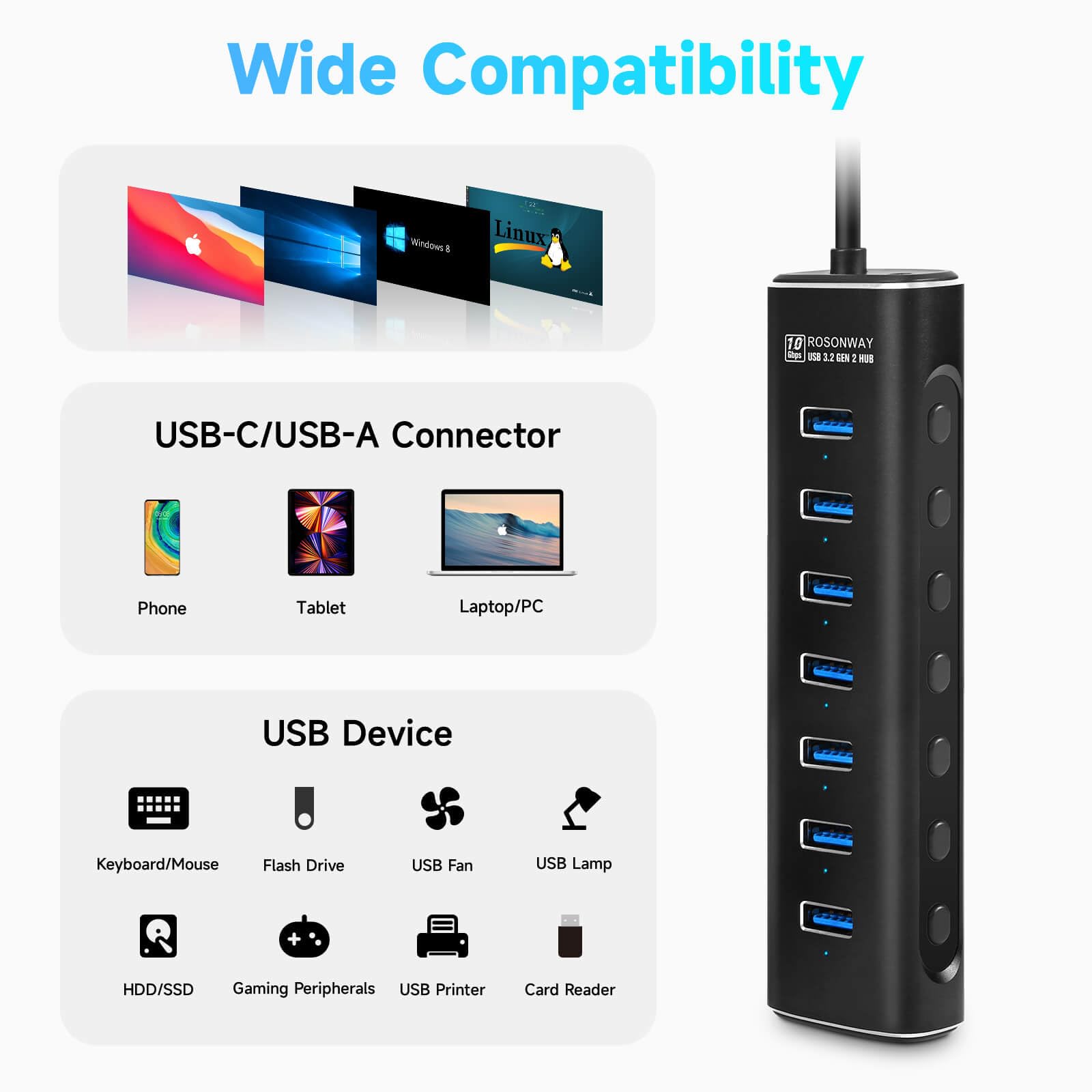 Powered USB Hub, Rosonway 7 Ports USB 3.1/3.2 Gen 2 Hub 10Gbps with 3.3ft USB-A/USB-C Data Cable, Individual Switches and 24W Power Adapter, Aluminum USB C Hub for Laptop and PC, RSH-A107