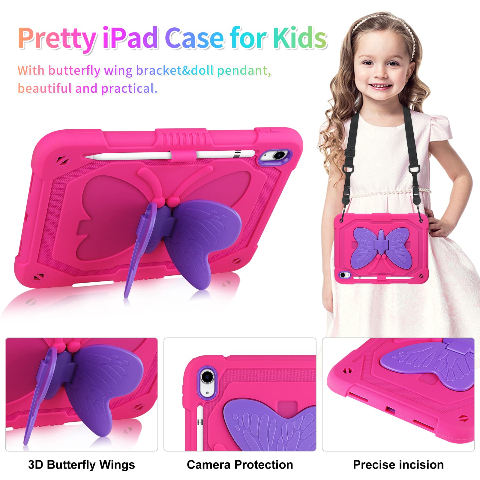 VOFUOE for iPad 10th Generation Case for Kids Girls for iPad 10th 2022 10.9 Cases with Screen Protector Shoulder Strap Butterfly Wings Stand Pencil Holder Rugged Cover for iPad 10th Gen 10.9-Rose Red