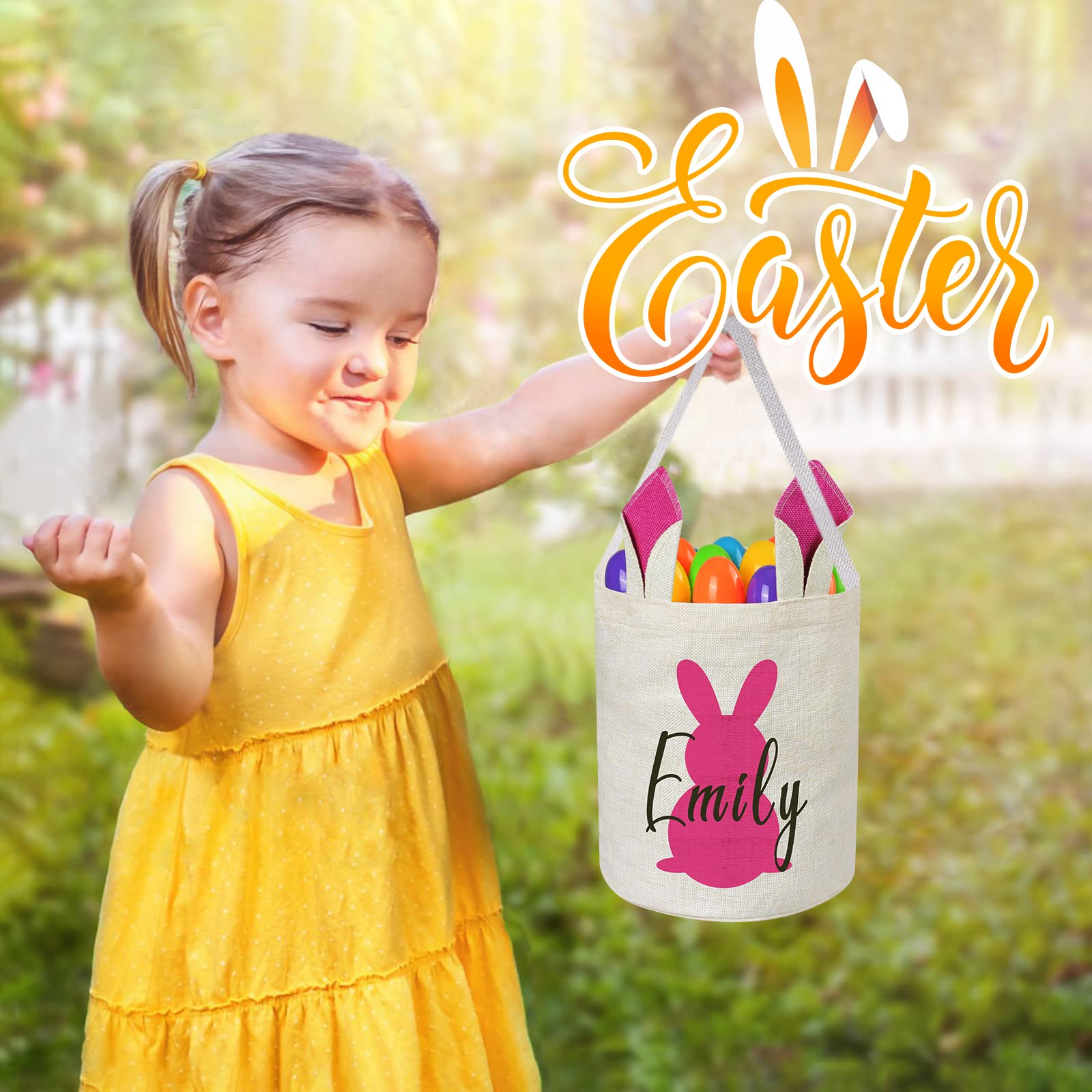 Personalized Easter Baskets for Kids, VAPCUFF Easter Basket Bags Easter Eggs Basket Easter Bunny Basket Easter Eggs Hunt Basket Personalized Easter Gifts for Girls Boys - Pink