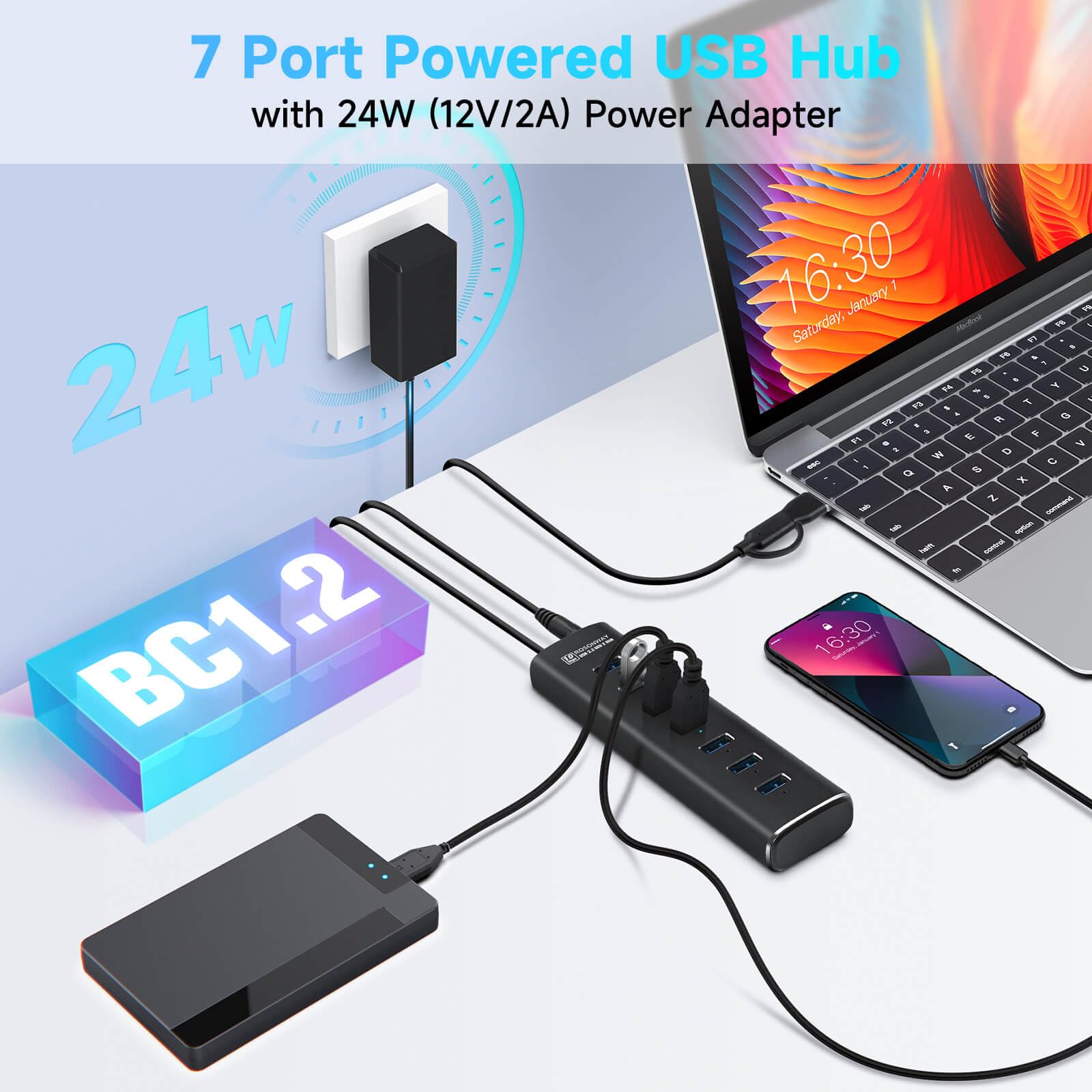 Powered USB Hub, Rosonway 7 Ports USB 3.1/3.2 Gen 2 Hub 10Gbps with 3.3ft USB-A/USB-C Data Cable, Individual Switches and 24W Power Adapter, Aluminum USB C Hub for Laptop and PC, RSH-A107