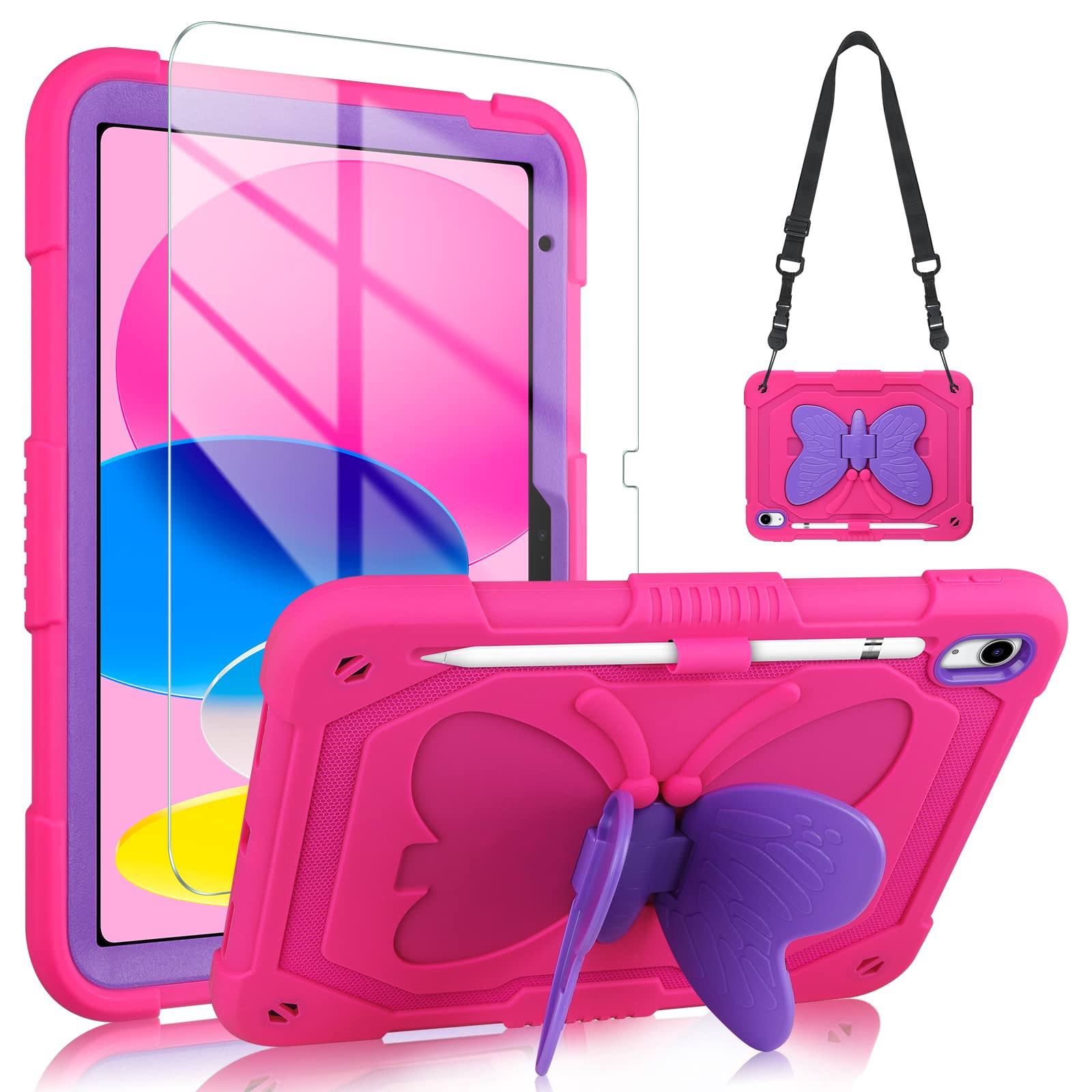 VOFUOE for iPad 10th Generation Case for Kids Girls for iPad 10th 2022 10.9 Cases with Screen Protector Shoulder Strap Butterfly Wings Stand Pencil Holder Rugged Cover for iPad 10th Gen 10.9-Rose Red