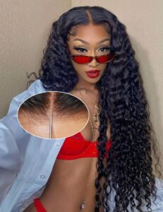 26 inch bye bye knots wear and go glueless wigs human hair deep wave hd 7x5 for real no glue lace wig, 3d dome cap glueless wig pre plucked, pre cut glueless wig natural black 200% density