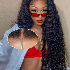 26 Inch Bye Bye Knots Wear and Go Glueless Wigs Human Hair Deep Wave HD 7X5 for Real No Glue Lace Wig, 3D Dome Cap Glueless Wig Pre Plucked, Pre Cut Glueless Wig Natural black 200% Density