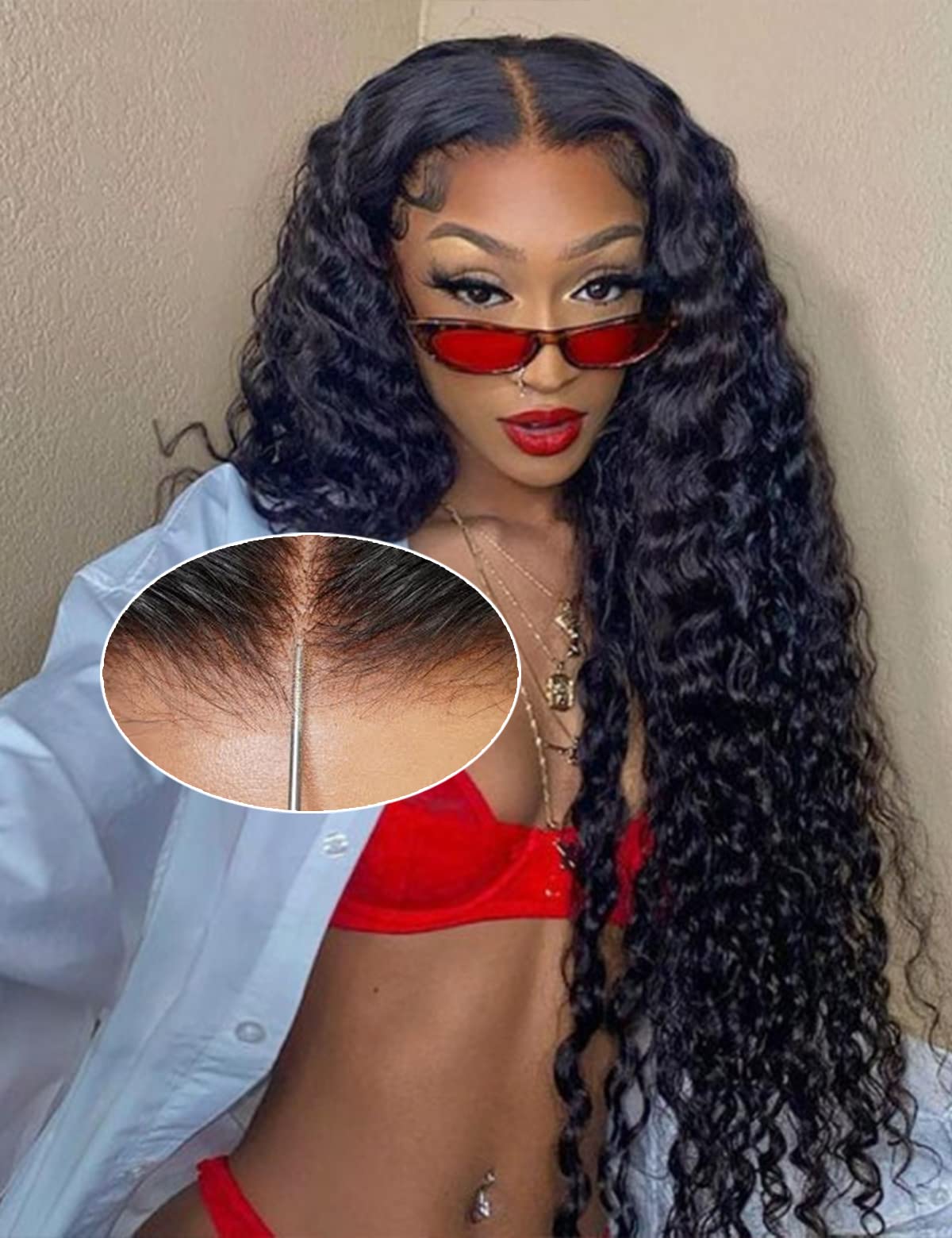 26 Inch Bye Bye Knots Wear and Go Glueless Wigs Human Hair Deep Wave HD 7X5 for Real No Glue Lace Wig, 3D Dome Cap Glueless Wig Pre Plucked, Pre Cut Glueless Wig Natural black 200% Density