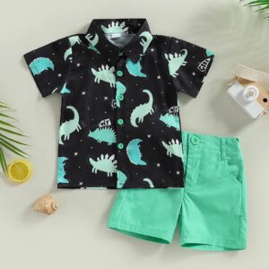 Toddler Baby Boy Clothes Shorts Set Dinosaur Print Shirt Short Sleeve Button Down Top Solid Shorts Summer Outfit (Dinosaur print Green, 18-24 Months)