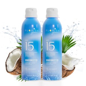 florida glow spf 15 sunscreen spray - hawaii 104 reef act & florida keys compliant, broad spectrum - water resistant, sport sun screen - child friendly oxybenzone & octinoxate free (5.5 fl oz 2-pack)