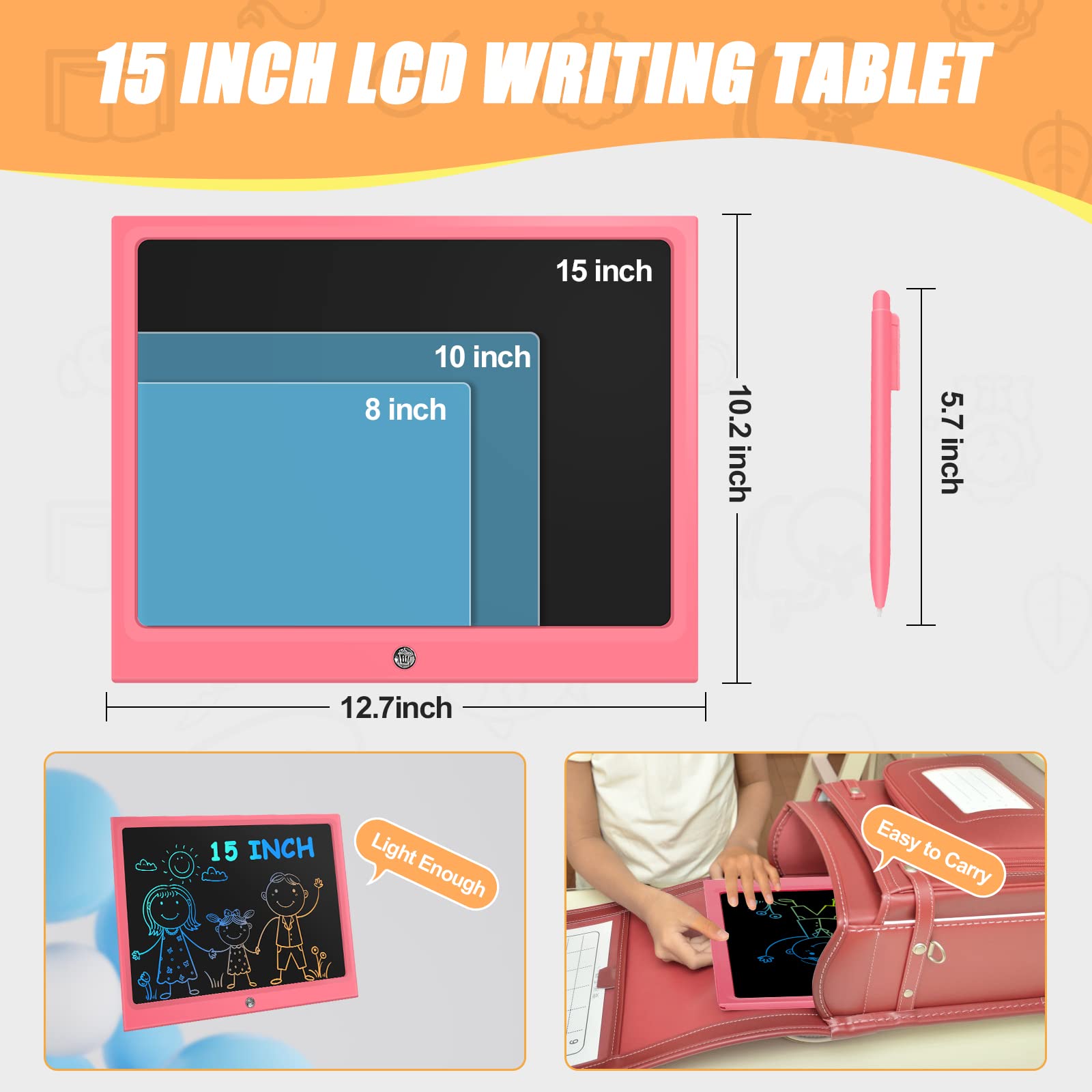 LCD Writing Tablet for Kids 15 Inch, Kids Drawing Tablet, Erasable Doodle Board, Gifts for Girls and Boys, Sensory Toys for Preschoolers, Educational Toys for Kids 3+ Years Old, Pink