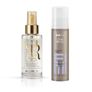 wella professionals oil reflections light luminous reflective, finishing oil for fine to normal hair + eimi flowing form anti-frizz smoothing balm, for frizzy and damaged hair, hair care bundle