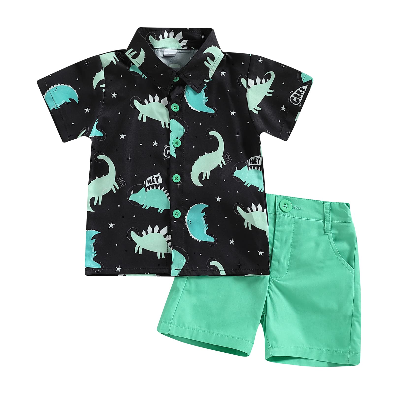 Toddler Baby Boy Clothes Shorts Set Dinosaur Print Shirt Short Sleeve Button Down Top Solid Shorts Summer Outfit (Dinosaur print Green, 18-24 Months)